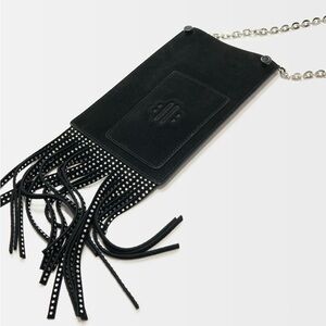 Maje Black Leather Fringe Chain Strap Phone Bag